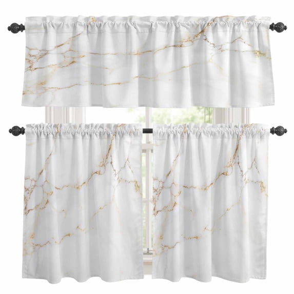 White Gold Marble Kitchen Curtains Valances and Tiers Set of 3 Abstract Gradient Stone Texture Modern Tier Curtains and Valance with Rod Pocket for Small Windows, 27.5"x24"