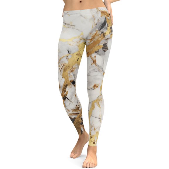 White & Gold Marble Leggings Size: M for Women | FIERCEPULSE