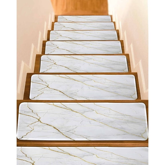 White Gold Marble Non-Slip Stair Treads for Wooden Steps, 15 Pack-8x30in Carpet Stair Mats with Adhesive Backing, Noise-Reducing Step Covers for Indoor Stairs, Easy to Install & Residue-Free