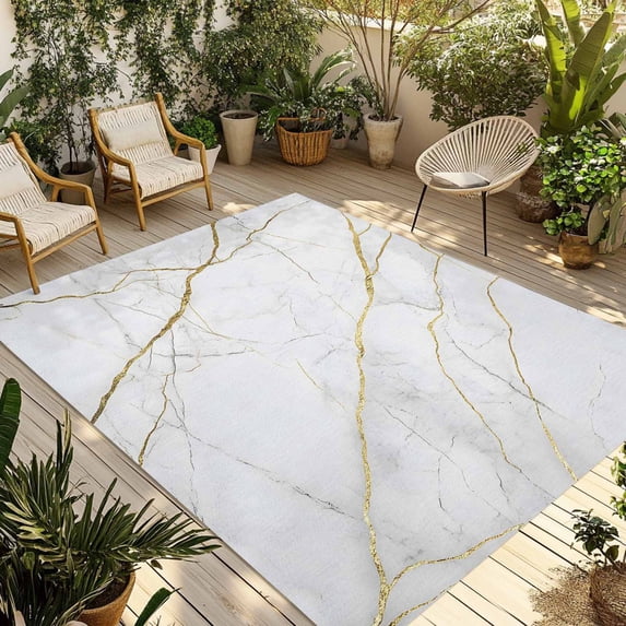 White Gold Marble Outdoor Rug 3x5 Ft - Reversible Patio Rug Outdoor Camping Rugs, Modern Farmhouse Abstract Patterned Washable Indoor Outdoor Area Rugs, Non-Slip Outdoor Carpet Runner for Deck/Porch