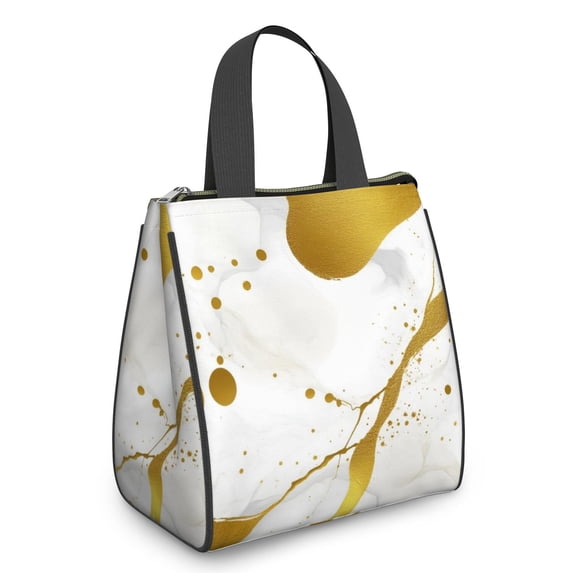 White and Gold Marble Pattern Insulated Lunch Bag for Women Men, Large Portable Soft Cooler Tote, Thermal Food Storage Bag with Pearl Cotton, 8.66L, 8.75"x5.75"x9.5"