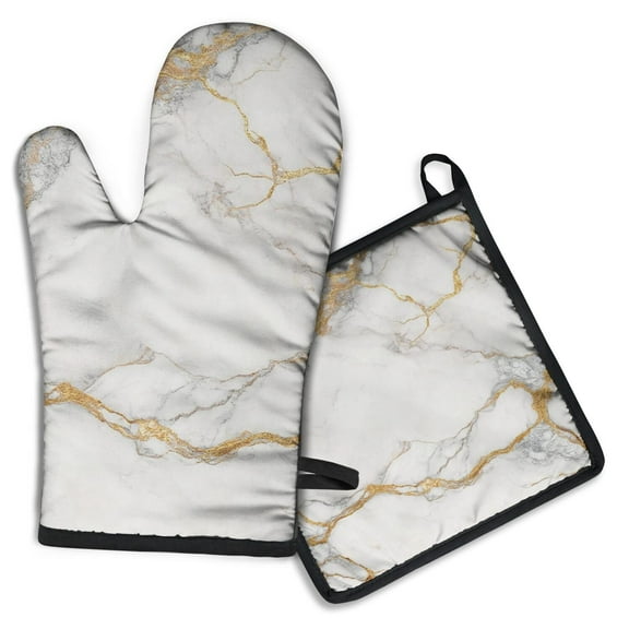 White Gold Marble Pattern Kitchen Oven Mitt and Pot Holder Sets 2 Pcs for Baking, Cooking and Grilling, Heat Resistant Up To 392 °F