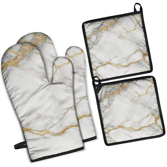 White Gold Marble Pattern Kitchen Oven Mitt and Pot Holder Sets 4 Pcs for Baking, Cooking and Grilling, Heat Resistant Up To 392 °F