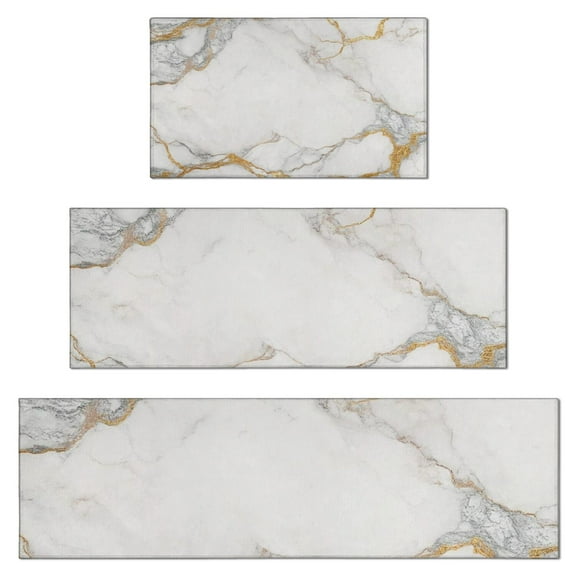 White Gold Marble Pattern Kitchen Rugs Sets Of 3,Kitchen Runner Rugs Non Skid Washable,Decorative Kitchen Floor Mats for Kitchen,Sink,Laundry,17"x30"+ 17"x47" + 17"x59"