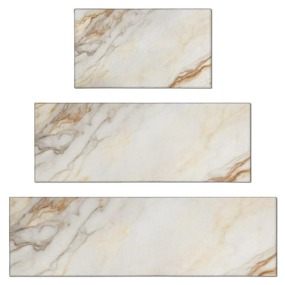 White Gold Marble Pattern Kitchen Rugs Sets Of 3,Kitchen Runner Rugs Non Skid Washable,Decorative Kitchen Floor Mats for Kitchen,Sink,Laundry,17"x30"+ 17"x47" + 17"x59"