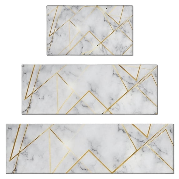 White Gold Marble Pattern Kitchen Rugs Sets Of 3,Kitchen Runner Rugs Non Skid Washable,Decorative Kitchen Floor Mats for Kitchen,Sink,Laundry,17"x30"+ 17"x47" + 17"x59"