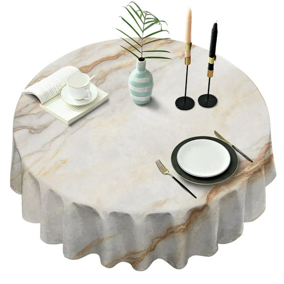 White Gold Marble Pattern Round Tablecloth 60"x60",Wrinkle Wipeable Table Cloth for Kitchen Dining Room Picnic Patio Party