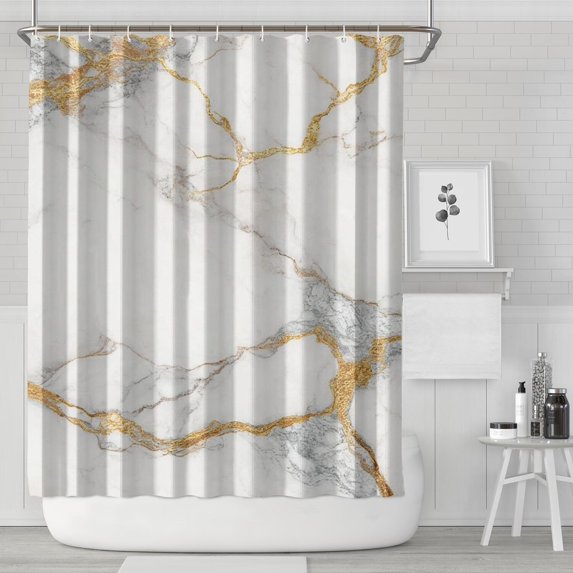 White Gold Marble Pattern Shower Curtain 84"x72" ,Bathroom Decorative Shower Curtains Set with 12 Hooks,Modern Waterproof Washable Shower Curtain