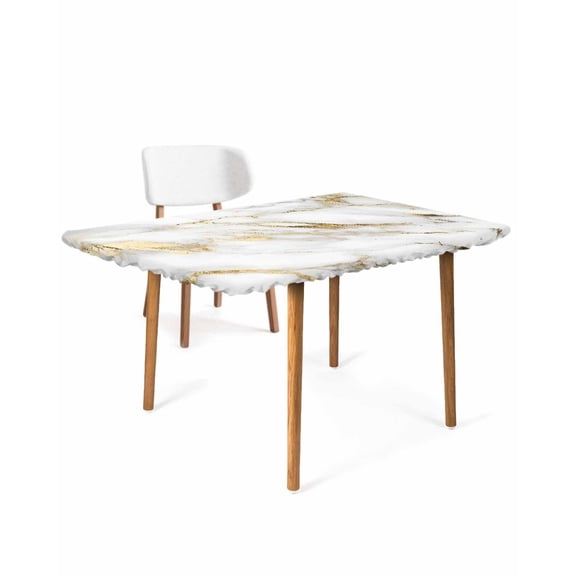 White Gold Marble Rectangle Tablecloth, Waterproof Elastic Fitted Table Covers for 6 Foot Tables, 32x72inch Decorative Tablecloths for Picnic, Camping, Indoor, Outdoor, Simple Marble Geometric