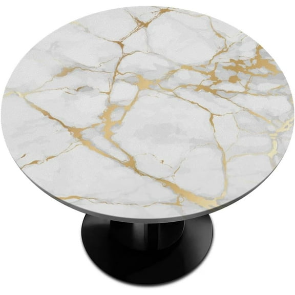 White Gold Marble Round Table Cover with Elastic Edge, Fitted Tablecloth Waterproof Wipeable Round Table Cover for Kitchen Dining Party Holiday Fits Outdoor Round Plastic Table Cloth 40-44 In