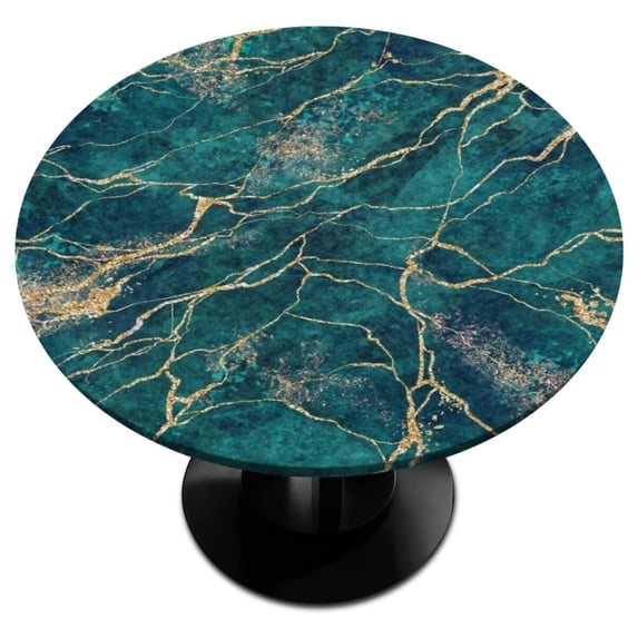 White Gold Marble Round Tablecloth with Elastic Edge Polyester Waterproof Fitted Table Covers for Indoor Party Kitchen Decor