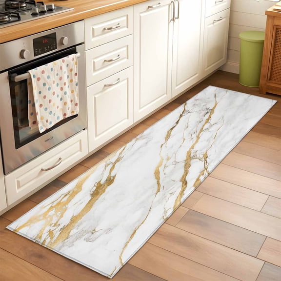 White Gold Marble Runner Rug for Hallway 2x6ft, Abstract Marble Texture Contemporary Non Slip Floor Mat Washable Low-Profile Indoor Carpet for Living Room, Bedroom, Dining Room