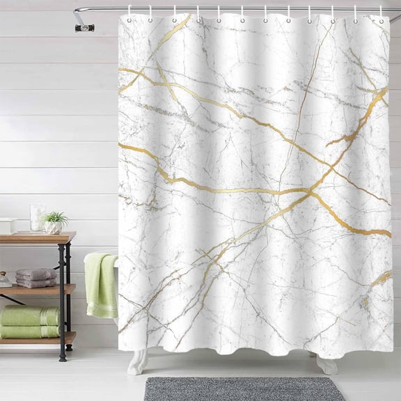 White Gold Marble Shower Curtain, Marble Texture Shower Curtain Set with Hooks, Spring Summer Waterproof Fabric Shower Curtains for Bathroom Decor, 72x72 Inch Bath Curtain