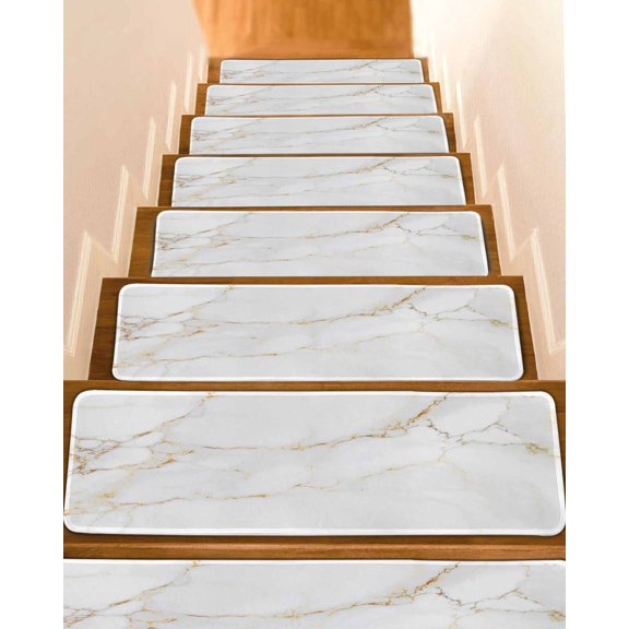 White Gold Marble Stair Treads Abstract Gradient Stone Texture Modern Indoor Non Slip Peel and Stick Stair Treads for Wooden Steps 7 PCS, Soft Adhesive Staircase Mats Runner Rugs 8"x30"