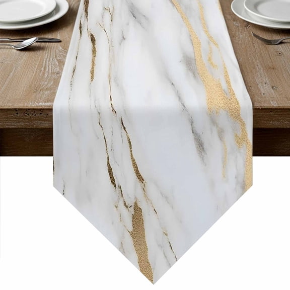 White Gold Marble Table Runner Linen Burlap Table Runner 90 Inches Long Abstract Simple Geometric Dresser Scarves for Kitchen Island Coffee Dining Room Party Wedding Banquet Holiday Decor 13"x90"