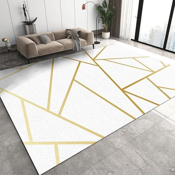 White Gold Marble Texture Geometric Art Area Rug, Golden Lines Texture Outdoor Washable Carpet, Decorative Rug With Anti-Slip Backing Large Area Rug For Bedroom Living Room 4x5ft