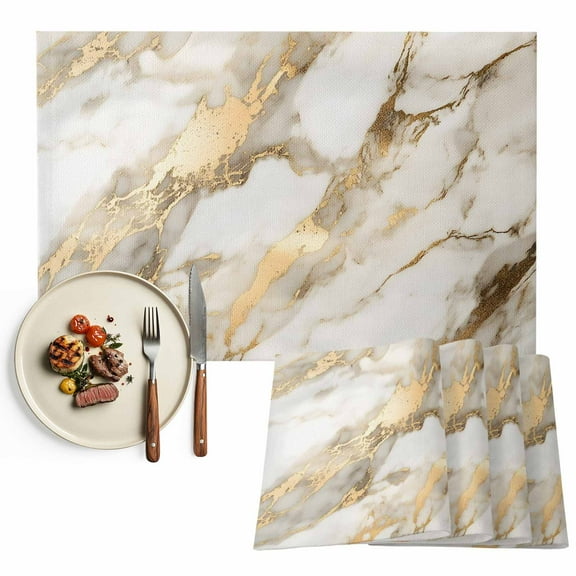 White and Gold Marble Texture Placemats Set of 6, Abstract Lines Table Mats Washable Heat-Resistant Non-Slip Place Mats for Kitchen Dinner Table Indoor Outdoor Decor,13x19 Inch