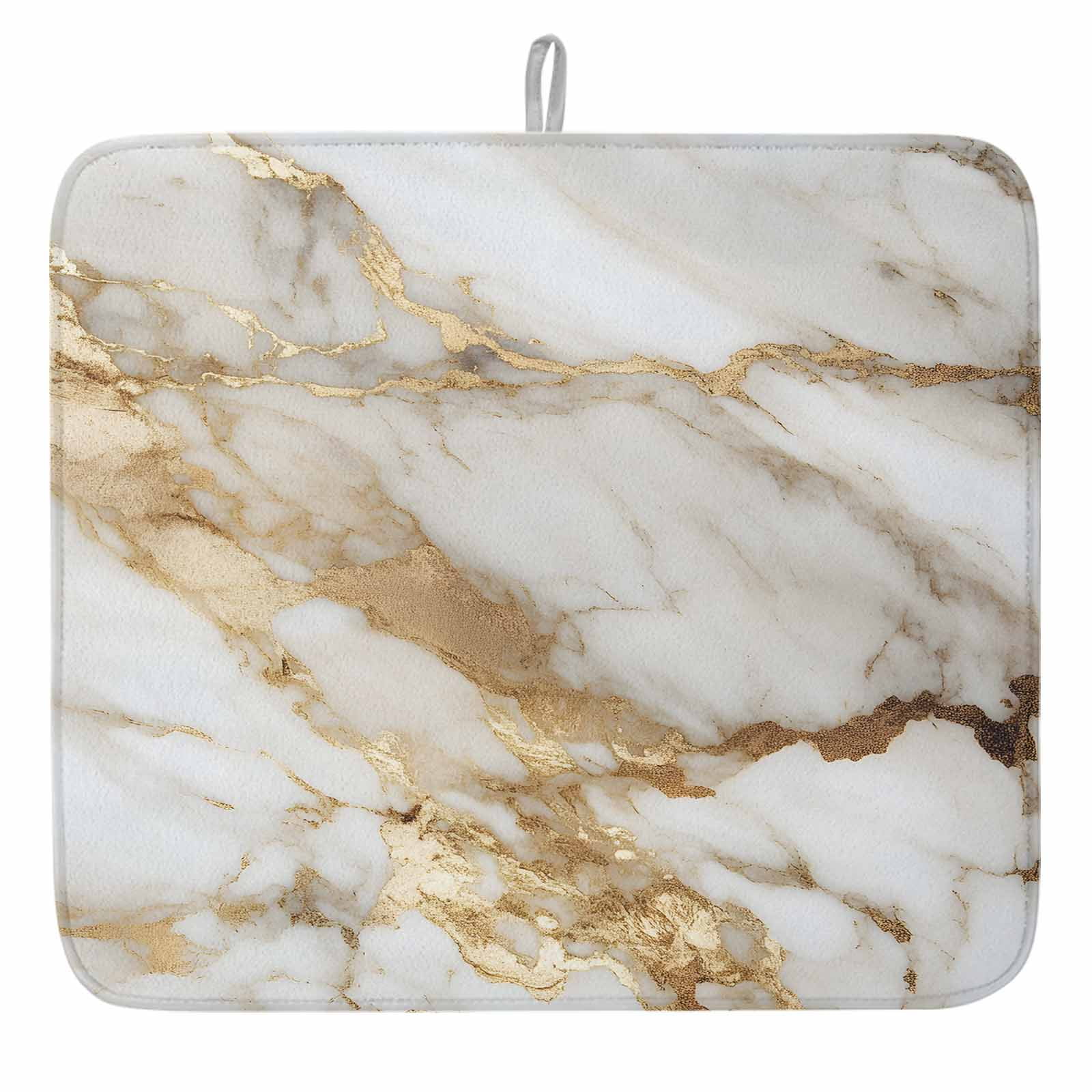 White Gold Marble Textured Dish Drying Mat, Abstract Modern Art ...