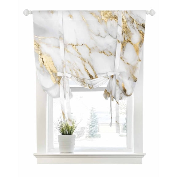 White Gold Marble Tie Up Curtains for Window, Thermal Insulted Balloon Shade Adjustable Rod Pocket Curtains Valance Panels for Kitchen Bathroom Cafe 34 x 45 Simple Marble Geometric