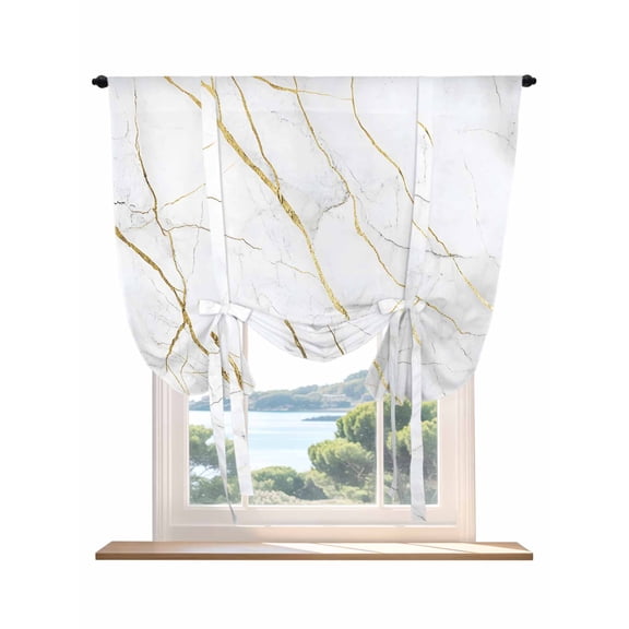 White Gold Marble Tie Up Curtains for Windows 63 Inch Length Balloon Curtains Kitchen Adjustable Balloon Window Shade Modern Farmhouse Abstract Patterned Tie Up Valance Bathroom Curtain 46"x63"