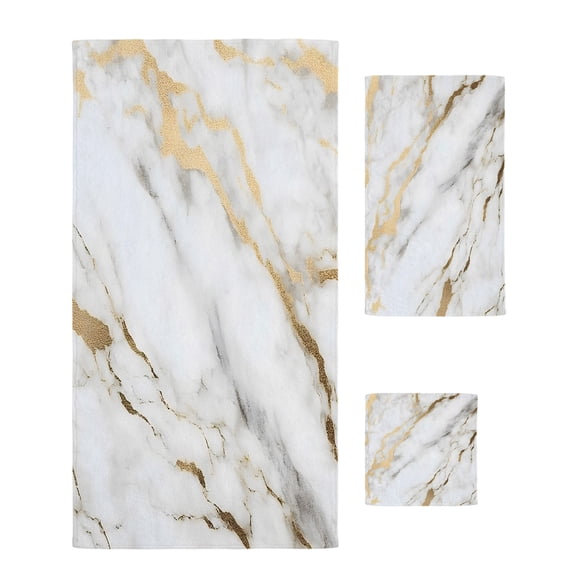 White Gold Marble Towel Set of 3, Soft Microfiber Bath Towels, Hand Towel, Washcloths, Abstract Simple Geometric Quick-Dry Absorbent Towels for Bathroom Kitchen Hotel Beach Gym Spa