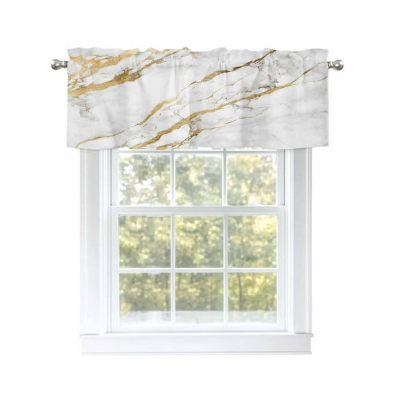 White Gold Marble Valances for Windows, Rod Pocket Kitchen Valance Curtains - Soft & Washable Small Window Treatment for Living Room,&nbsp;Bathroom, Modern , 42x12 Inch, 1 Panel