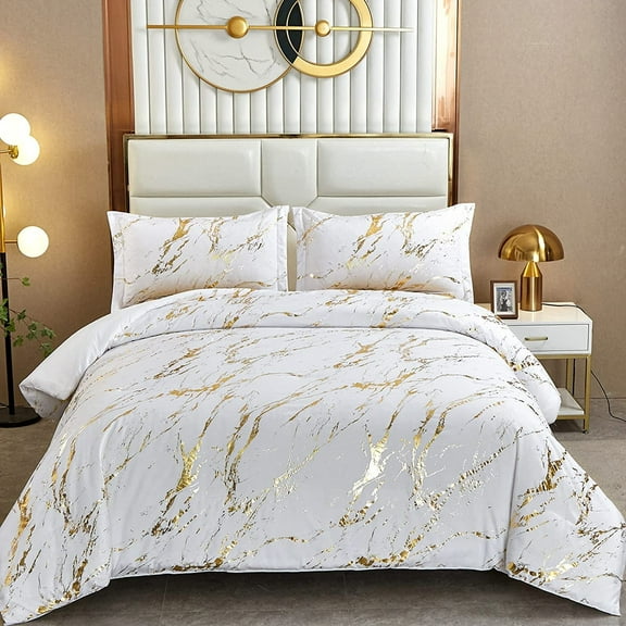 White Gold Metallic Marble Comforter Set Queen Size Bedding Set Soft Microfiber Bedding 90"x90"