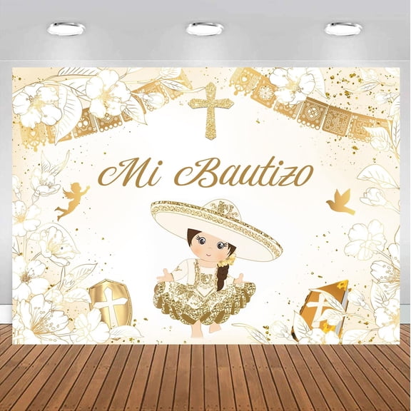 White Gold Mi Bautizo Backdrop for Girl Angel Pigeon Holy Bible Cross First Communion Decorations Banner Religious Christening Ceremony Newborn God Bless Photography Background