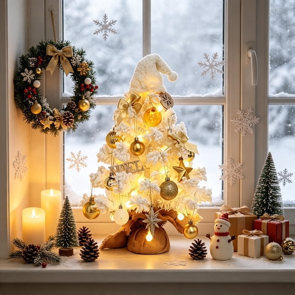 White and Gold Mini Christmas Tree, 19.69in Tabletop White Christmas Tree with Lights and Ornaments, Small Flocked Xmas Tree for Indoor Holiday Table, Shelf and Home Party Decoration
