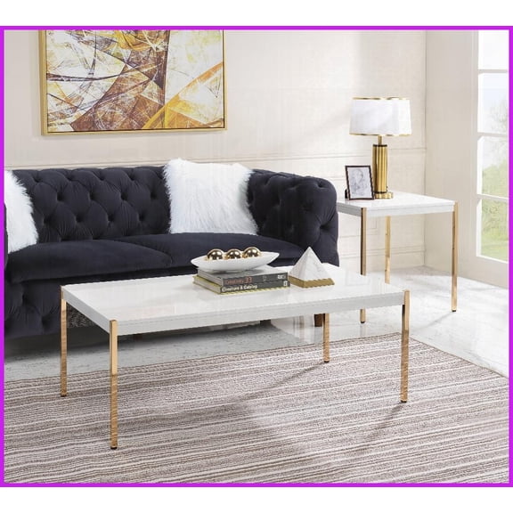 White & Gold Minimalist Coffee Table - Composite Wood Top, Metal Tube Legs, Easy Assembly & 16 Floor Clearance