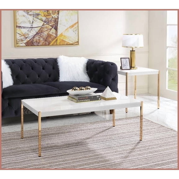 White & Gold Minimalist Coffee Table with Metal Tube Legs, 53mm Composite Wood Top Easy Assembly for Living Room