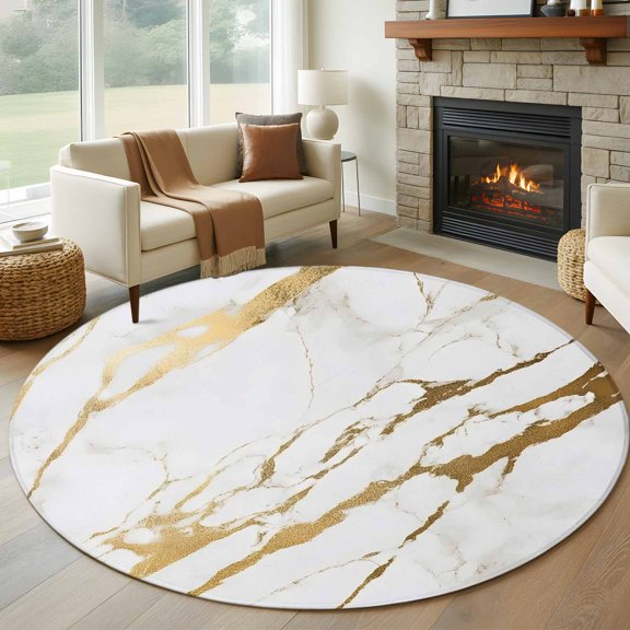 White Gold Modern 8' Round Area Rug, Abstract Vintage Marble Geometric Washable Non-Slip Large Circle Rugs for Living Room Bedroom, Soft Low Pile Rug Carpet for Dining Room Kitchen Farmhouse
