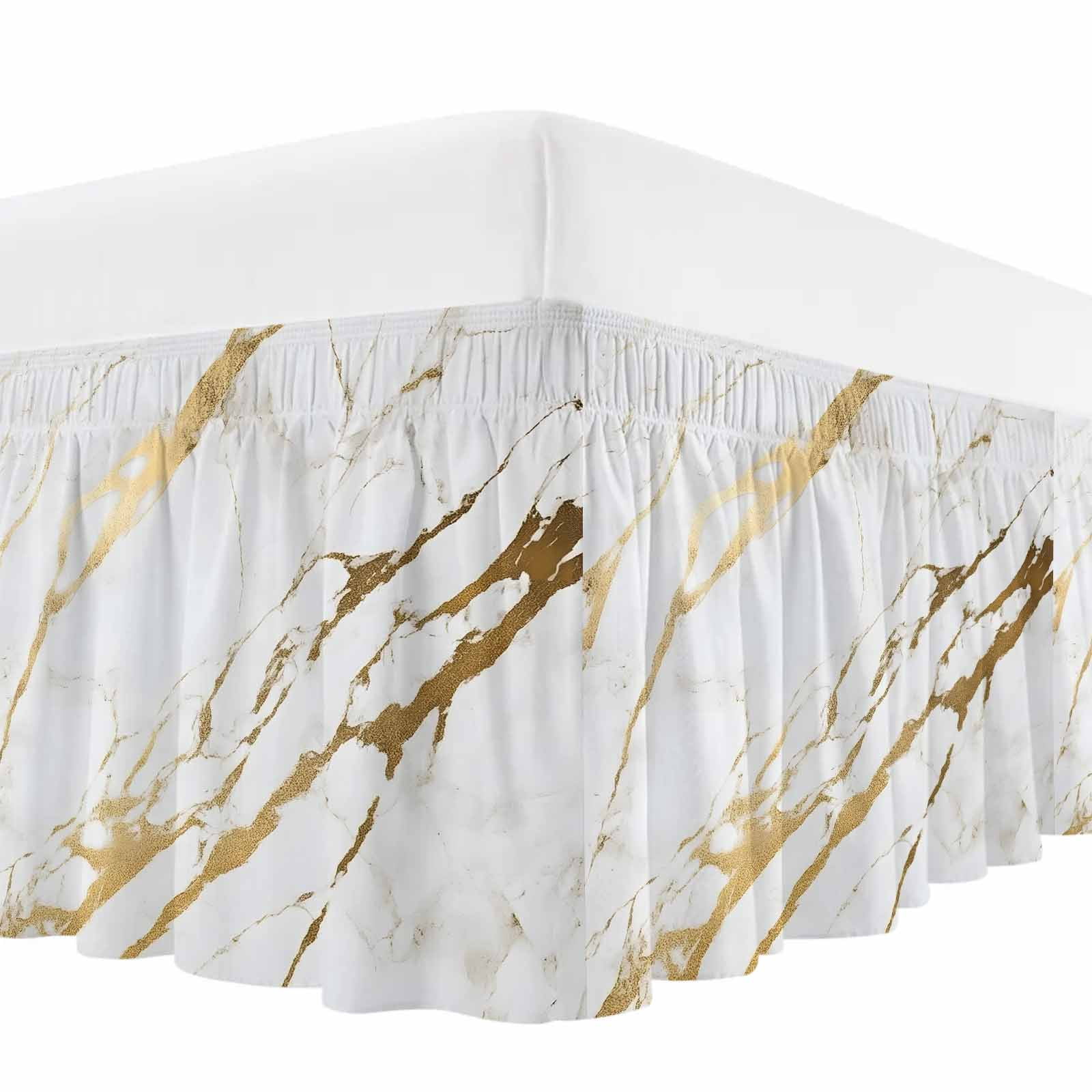 White Gold Modern Bed Skirt Queen Size, Abstract Vintage Marble Geometric Wrap Around Bed Skirting with Adjustable Elastic Strap, Dust Ruffle Pleated Bedskirts 18 Inch Drop for Bedroom Queen Beds