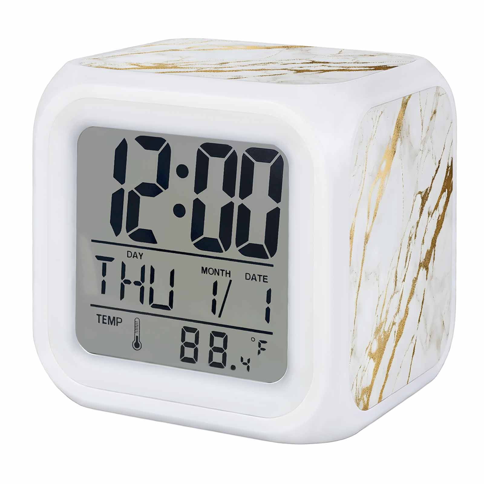 White Gold Modern Digital Alarm Clock for Bedrooms, Smart LED Alarm Clock with 7 Color Changing Night Light, Abstract Vintage Marble Geometric Silent Wake Up Clocks for Sleep Study Cooking 3.2"x3.2"