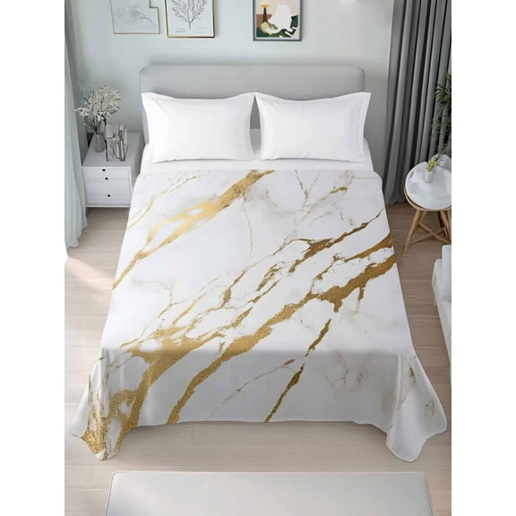 White Gold Modern Queen Size Flat Sheet, Wrinkleproof & Fadeproof Cooling Flat Bed Sheet Only, Abstract Vintage Marble Geometric Breathable Soft Bedding Top Sheets 90 x 102 Inches