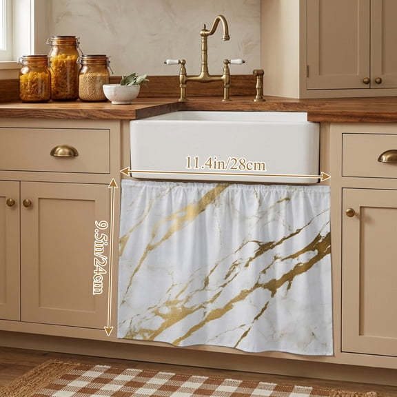 White Gold Modern Small Cabinet Curtains 10"W x 11"L, Abstract Vintage Marble Geometric Sink Skirt Dust-Proof Short Curtain for Bathroom Vanity Storage Cubby Desk, Self Adhesive Privacy Drapes