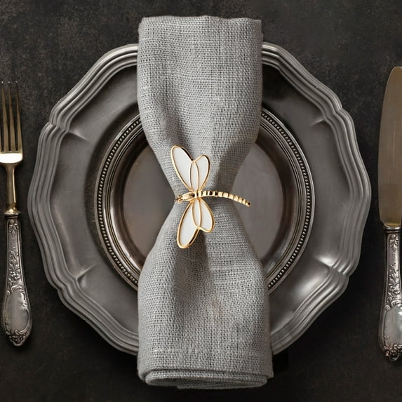 White Gold Napkin Rings Holder in Dragonfly Design Festive Table Decor Setting and Favor for Thanksgiving Fall Autumn Holiday Wedding Birthday Thanksgiving Banquet Housewarming Gift Set of 8
