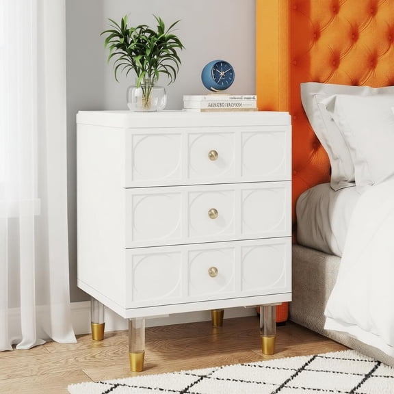 White/Gold Nightstand with 3Drawers Modern Bedside Table Acrylic Legs Glam Decor for Bedroom Luxe Vanity End Table Spa Style Hotel Inspired Furniture Small Dresser for Dorm Apartment Easy Assembly
