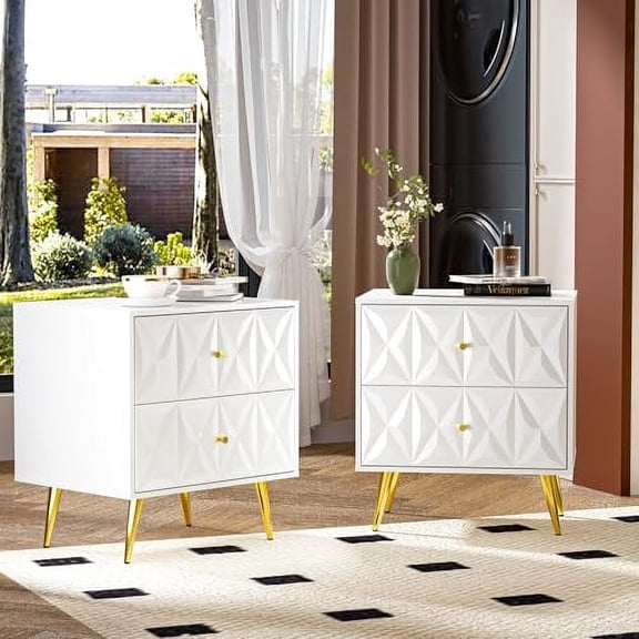 White and Gold Nightstand, Modern Storage Bedside Table with 2 Drawers, Embossed End Table with Gold Metal Legs & Handles, Bed Side Tables Night Stands for Bedroom, Living Room, Wh