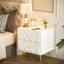 White and Gold Nightstand, Modern Storage Bedside Table with 2 Drawers, Embossed End Table with Gold Metal Legs & Handles, Bed Side Tables Night Stands for Bedroom, Living Room, White