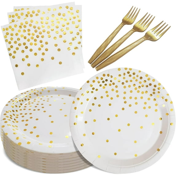 White and Gold Paper Plates Napkins Supplies,Disposable Dot Dessert Plates,105 PCS Birthday Supplies for Wedding(Serves 35 Guests 7")