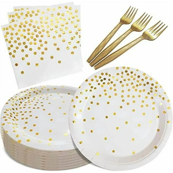 White and Gold Paper Plates Napkins Party Supplies,Disposable Gold Dot Paper Dessert Plates,105 PCS Birthday Plates and Napkins Party Supplies for Wedding(Serves 35 Guests 7")