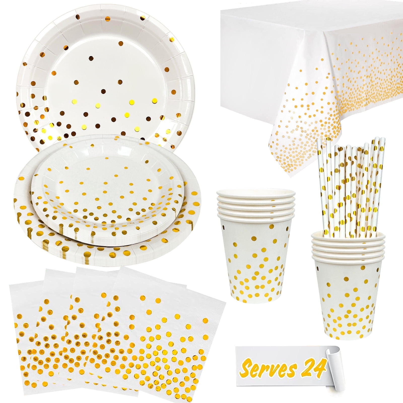 White and Gold Party Supplies 121PCS/Serves 24 Disposable Dinnerware Set, Golden Dot Paper Plates Cups Straw Tablecloth Gold Plastic for Graduation, Birthday, Holiday (White)