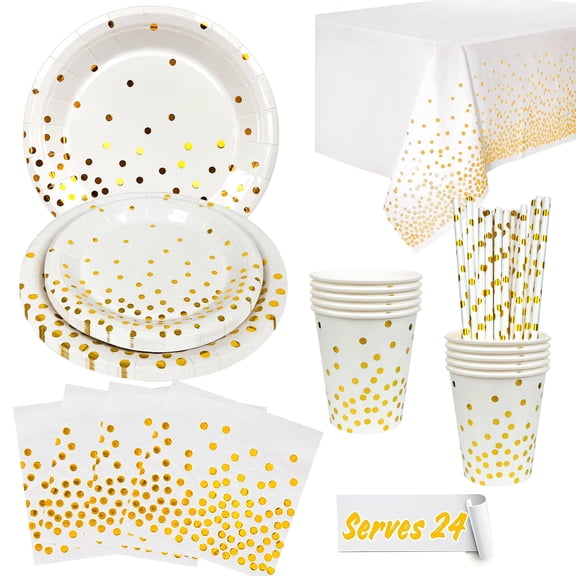 White and Gold Party Supplies 121PCS/Serves 24 Disposable Dinnerware Set, Golden Dot Paper Plates Cups Straw Tablecloth for Graduation, Birthday, Holiday (White)