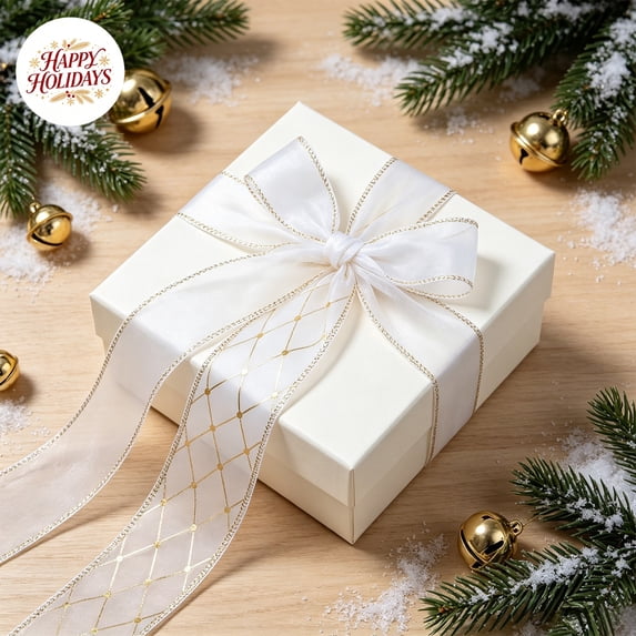 White/Gold Pattern Cloth Christmas Ribbon, 10 Yards x 2.48 Inches, Wired Edge, for Gift Wrapping, Wreath, Tree Decor