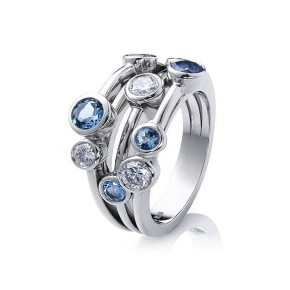 White Gold Plate 925 Sterling Silver Geometric Small Circle Sapphire Ring Blue Gemstone Cubic Zirconia Promise Rings Luxurious Eternity Engagement Wedding Ring for Women