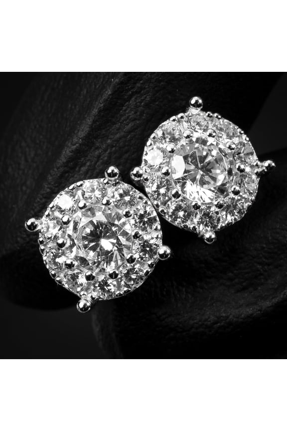 White Gold Plated 925 Sterling Silver Screw Back Post Large Unisex Round Hip hop CZ Flower Cluster Big Circle Shape Trendy Ice Out Stud Earrings