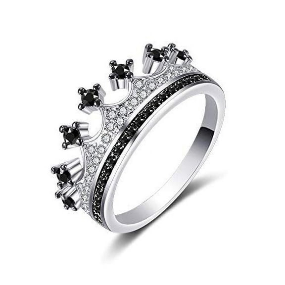White Gold Plated Black White Crystal Princess Crown Tiara Ring Wedding Engagement Jewelry for Women Girls (black size 9)