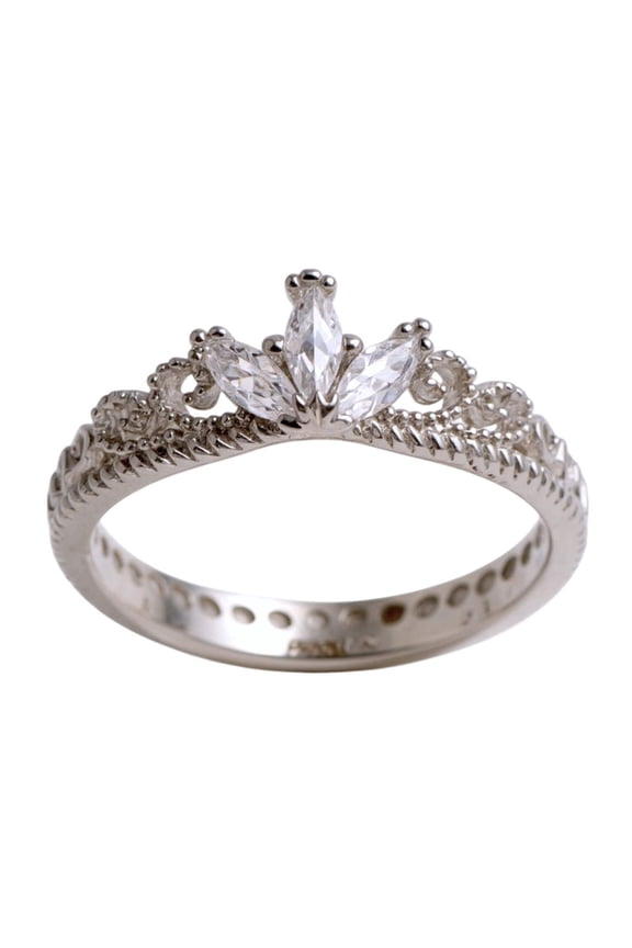 White Gold Plated CZ Dainty Princess Crown Ring