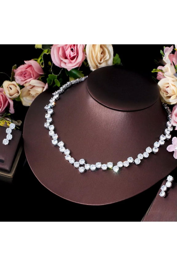 White Gold Plated CZ Round Tennis Necklace Earrings Dancing Party Jewellery Set